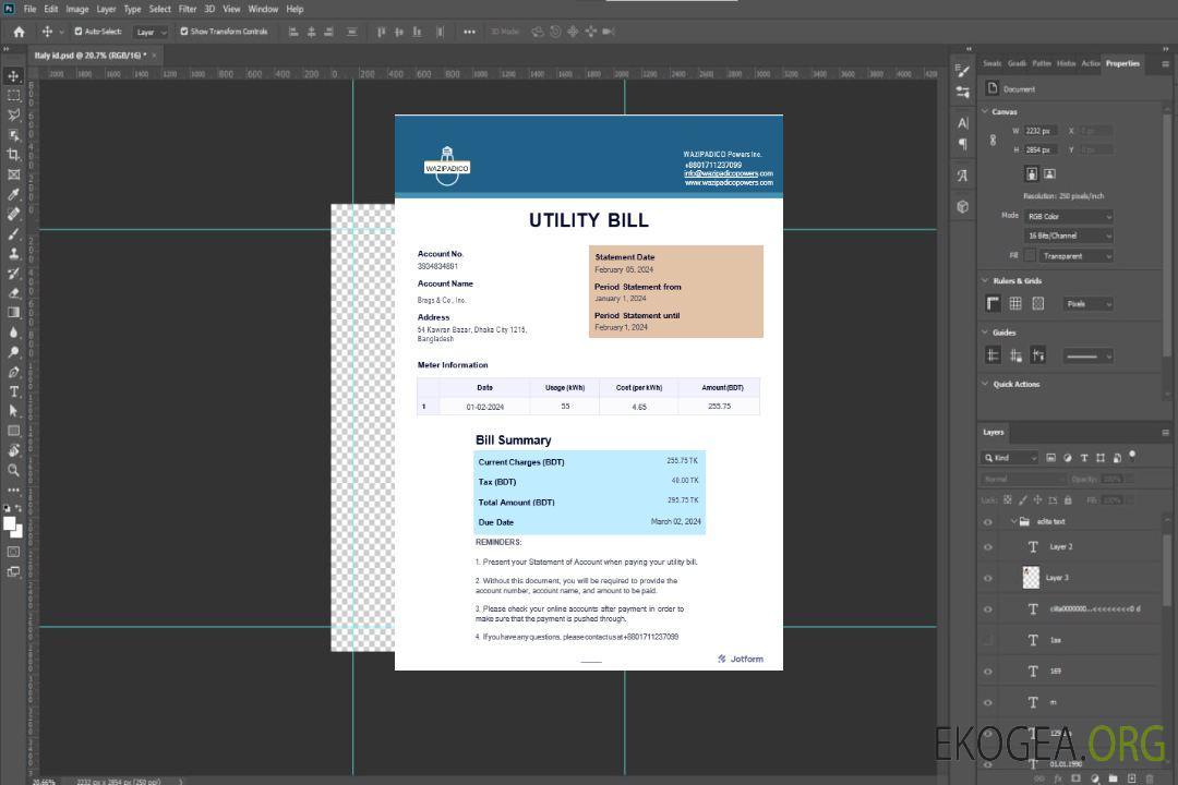 Modèle Word et PDF de facture de services publics d'entreprise BANGLADESH WAZIPADICO POWER template